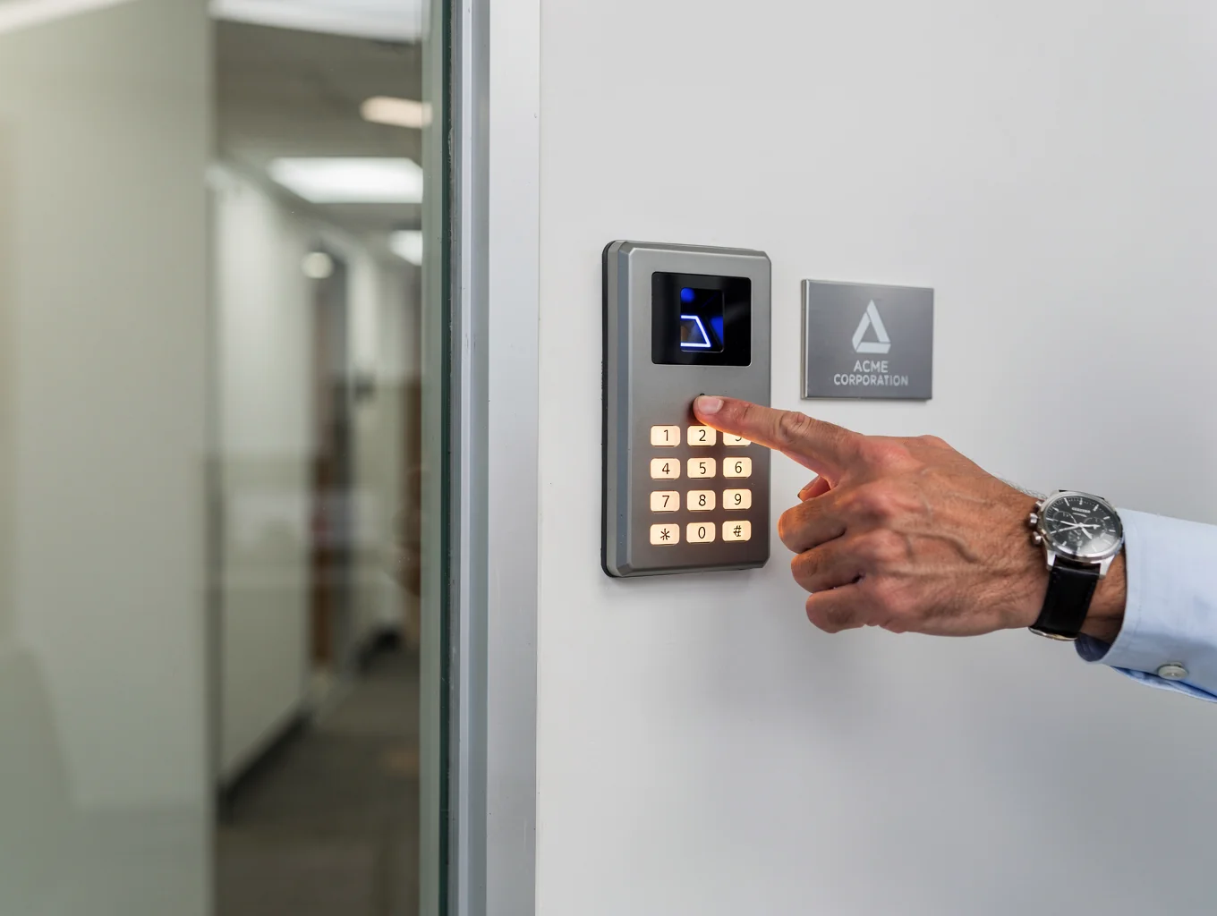 Panel de control de acceso biométrico en una entrada corporativa