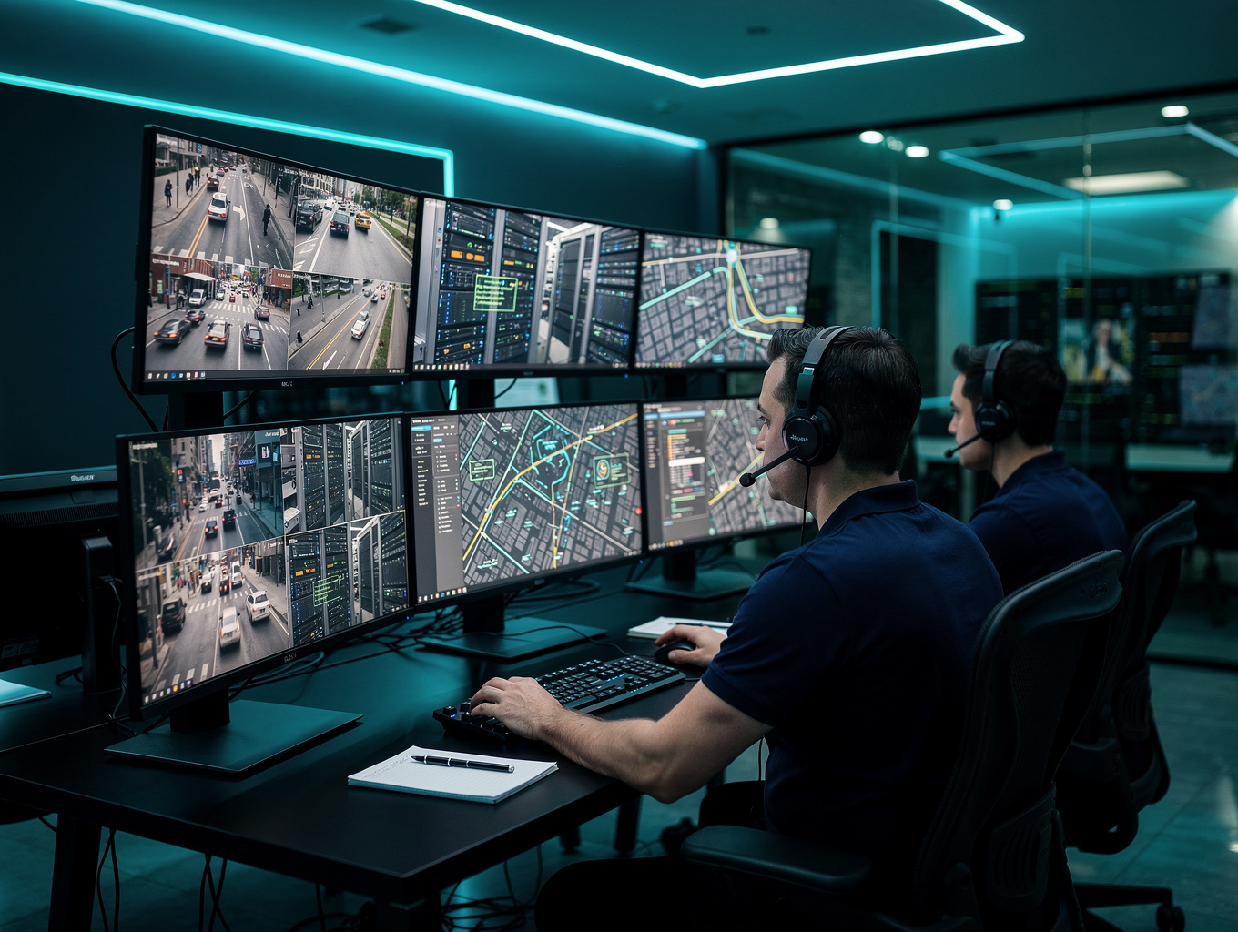 Centro de monitoreo de seguridad de alta tecnología con pantallas y personal profesional